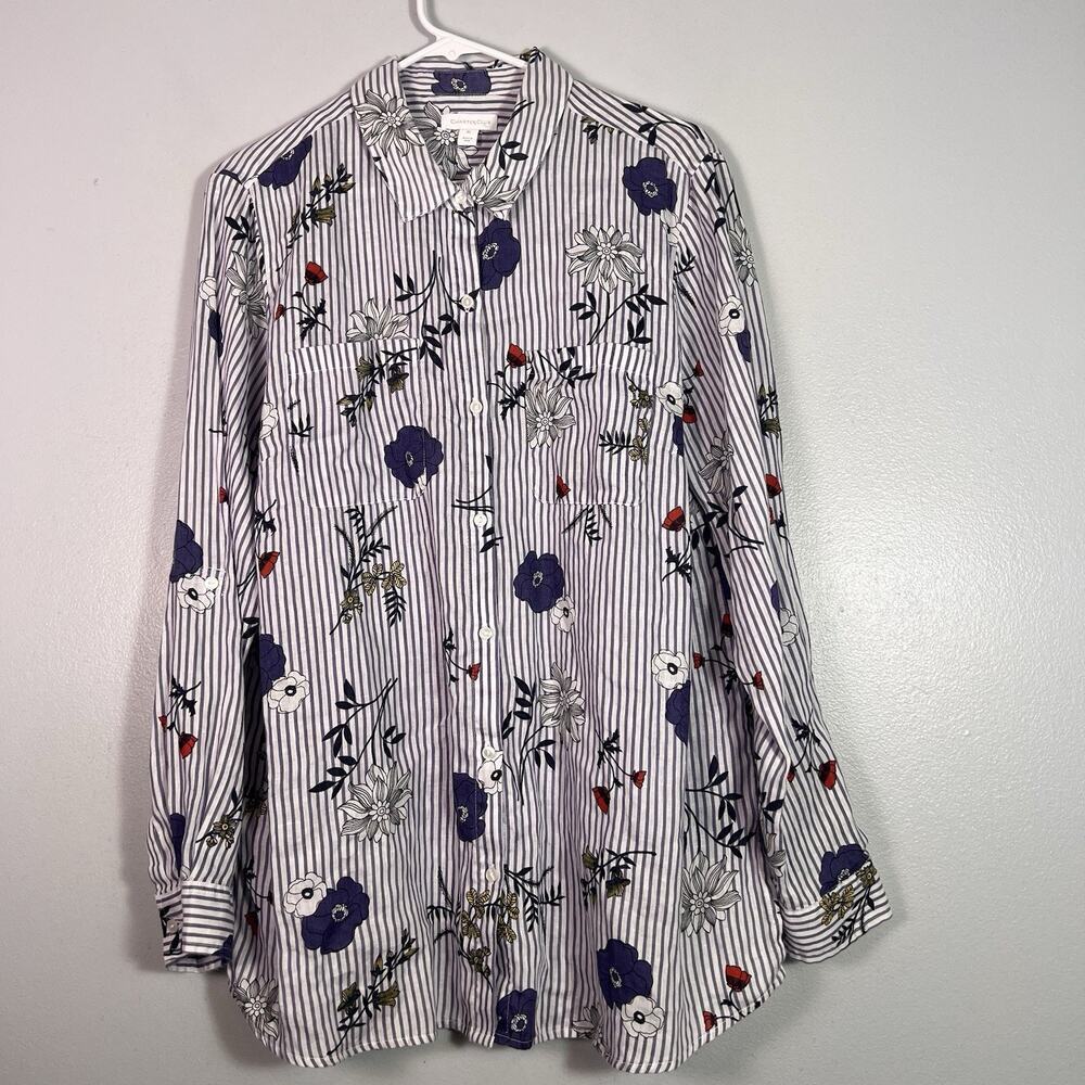 Charter Club Womens Sz XL 100% Linen Floral Button Up Shirt Roll Tab Blue White